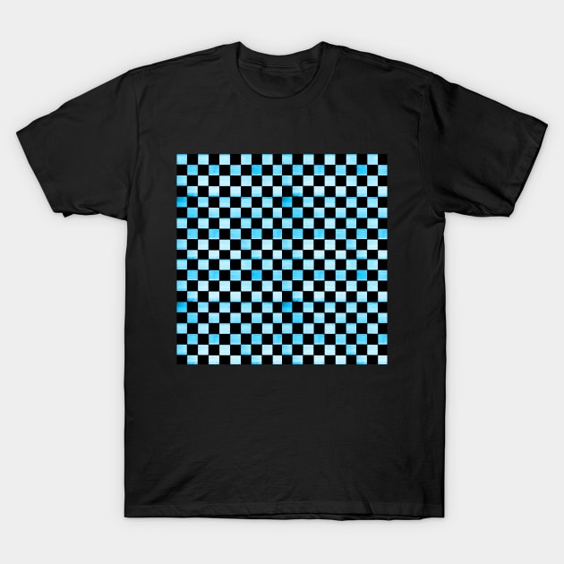 Black and Sky Blue Checkered Wood Texture T-Shirt by Lucy